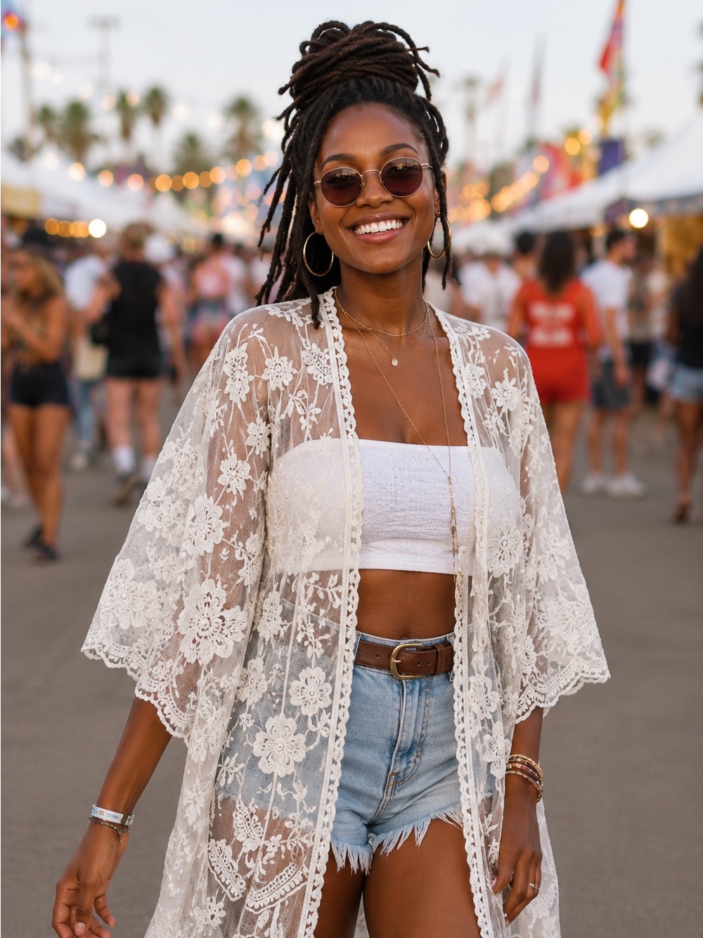 Boho White Lace Embroidered Festival Kimono One Size